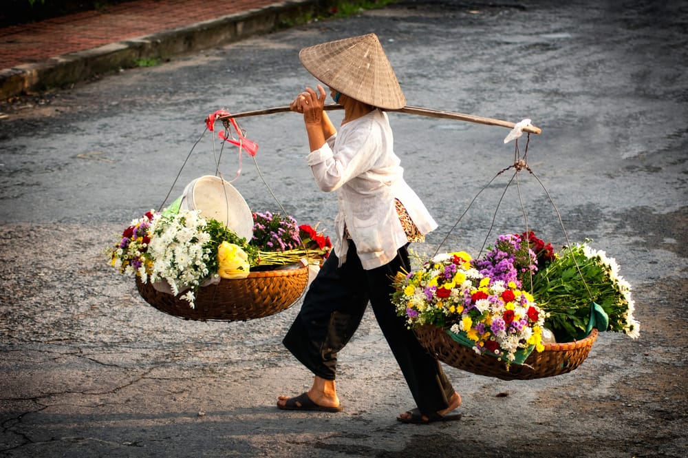 Signora vietnamita con ceste di fiori
